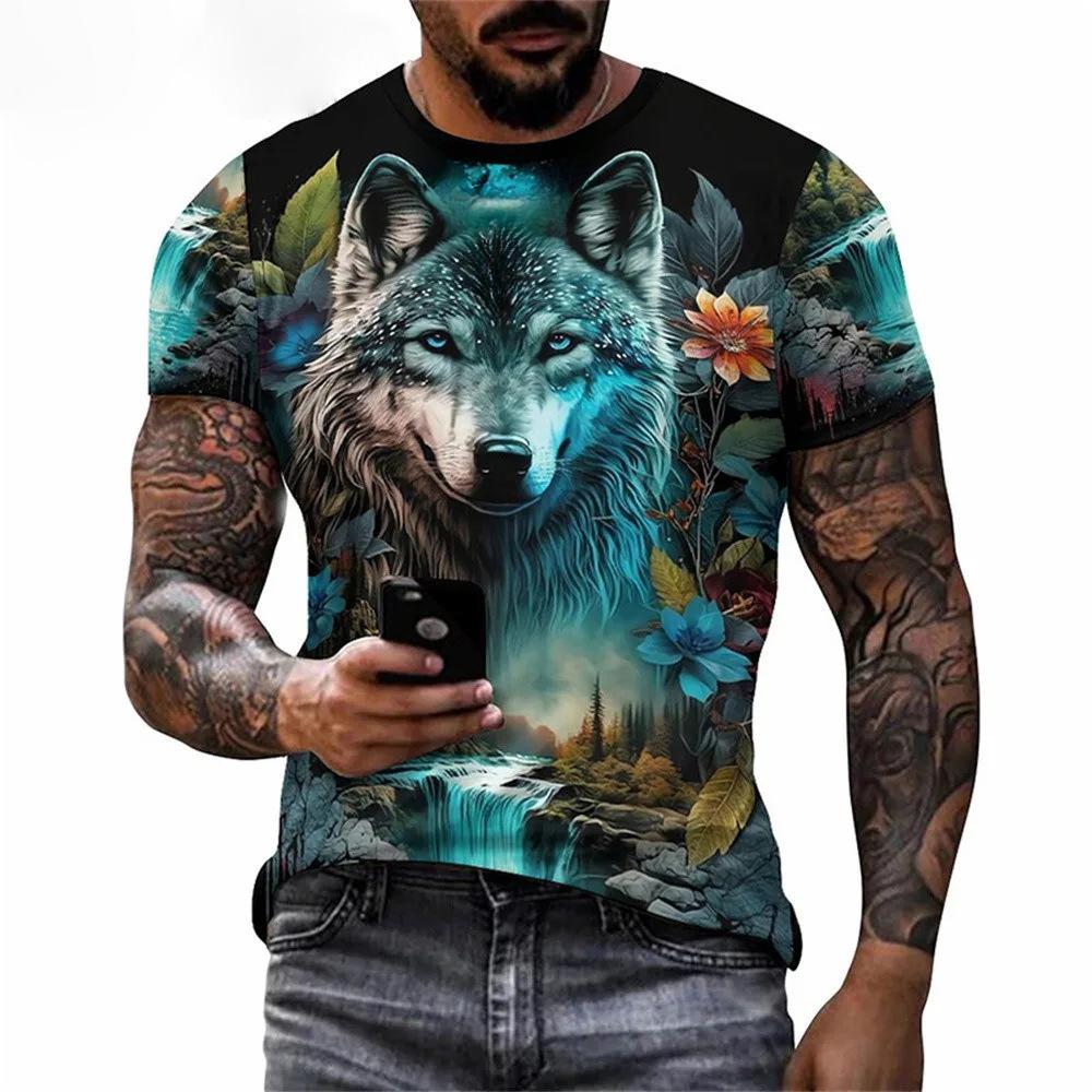 Personalized Graffiti Wolf Pattern 3D Printed Men's Round Neck Short Sleeved T-shirt