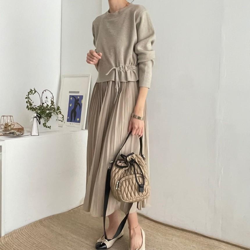 

2025 Faux Two-Piece Pleated Skirt Long Sleeve Knit Base Dress One Size хакі