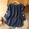 Elegant Cotton Linen Embroidered Shirt Women Summer Heavy Work Thin V-Neck Lantern Sleeve Breathable Casual Versatile Top