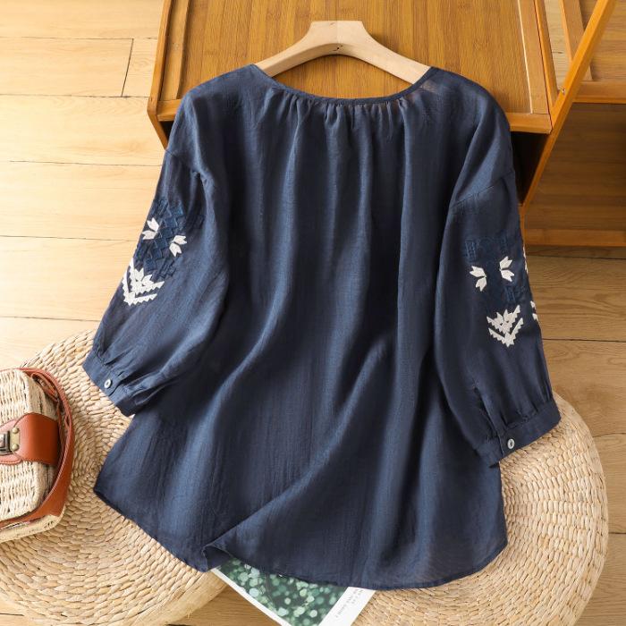 Elegant Cotton Linen Embroidered Shirt Women Summer Heavy Work Thin V-Neck Lantern Sleeve Breathable Casual Versatile Top