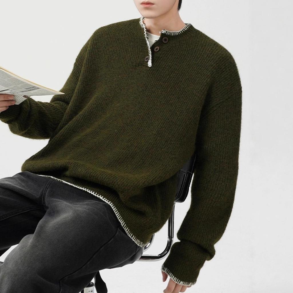 Men's Loose Fit Solid Color Knitwear - Autumn/Winter Warm Lapel Sweater, Casual Gentleman Style, Non-Iron Long Sleeve Base Layer Shirt