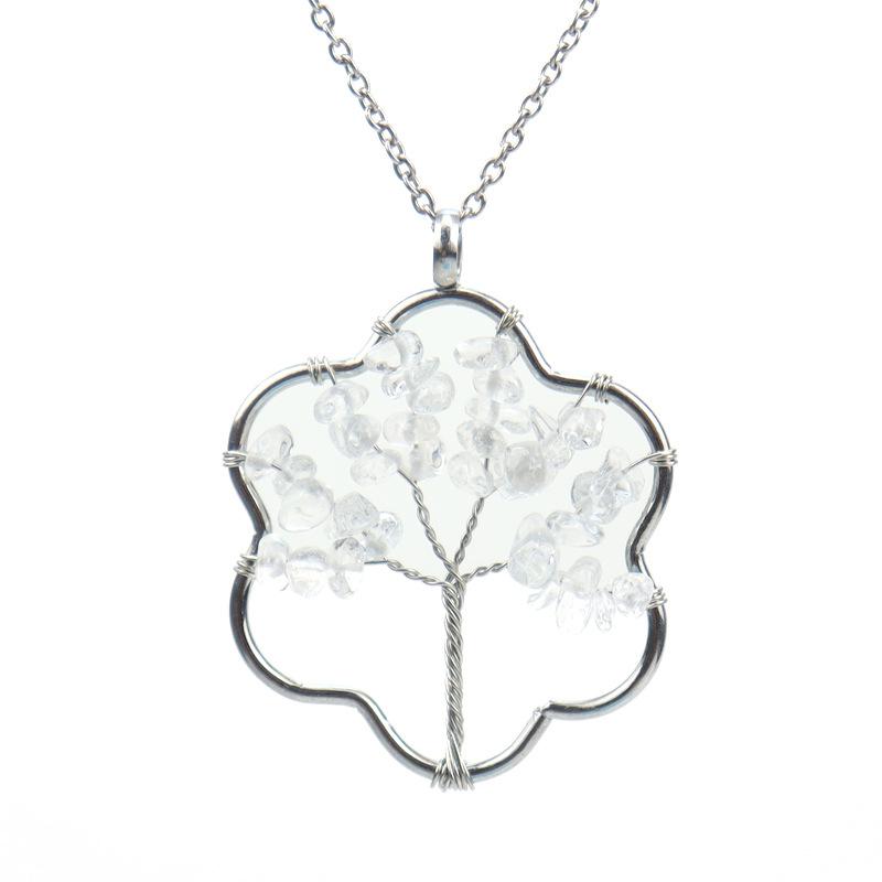 Silver Winding Flower Tree Of Life Necklace Gravel Crystal Pendant N72