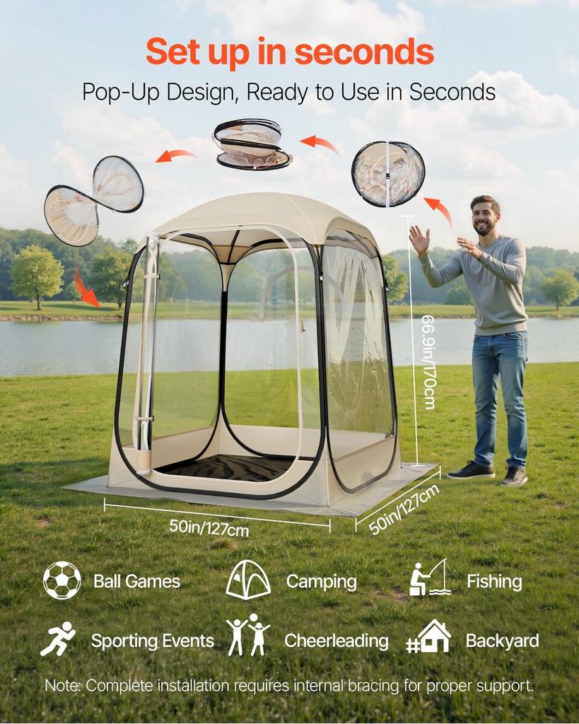 Pop-up Sportzelt, 1,27x1,27 m Klares Blasen-Zelt für 1 Person, Wasserdichter Outdoor-Pod mit Bodenmatte & Dachabdeckung, Garten-Iglu-Kuppelzelte Camping
