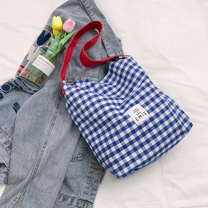 Canvas Bag Women's New Style Casual Contrast Color Plaid One Shoulder Cloth Bag College Student Literary Commuter Tote Bag