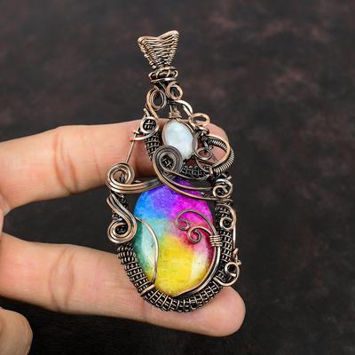 Rainbow Solar Quartz Druzy Pendant Copper Wire Wrapped Rainbow Moonstone Pendant Real Gemstone Pendant Handmade Copper Jewelry Gift For Him