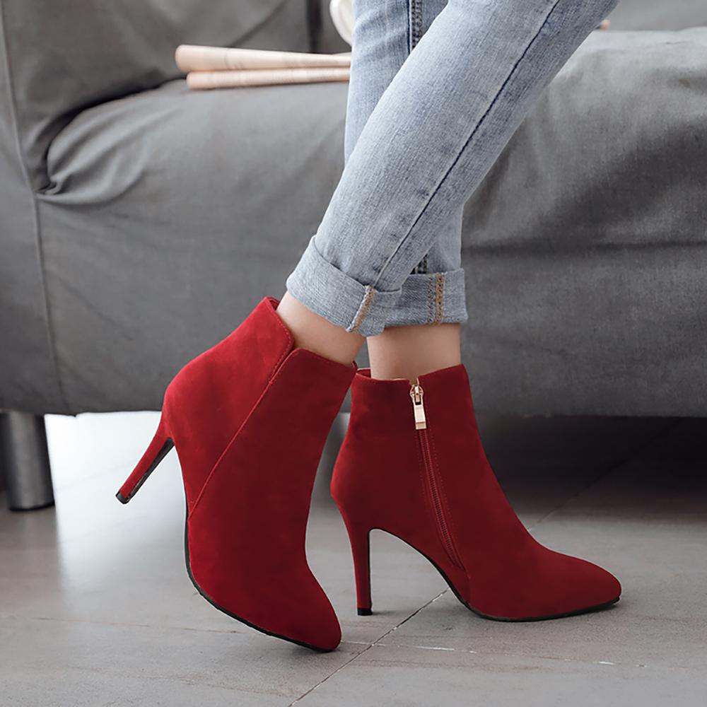 New Winter Grey Women Ankle Boots Pointed Toe High Stiletto Heel Lady Casual Shoes Large Plus Size 47