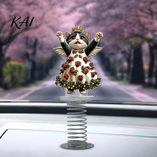 Durable Double Sided Printing Ornaments Cute Cat/Dog/Elf Car Dashboard Decorations with Spring Swing Design, Double-sided 2D Flat Acrylic Healing Desk
