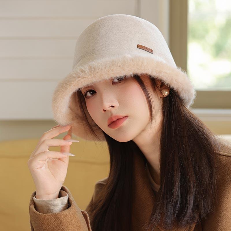 Autumn and Winter Wool Pot Hat for Women, Thickened Warm Fisherman Hat, Face-enhancing Small Bucket Hat, Plush Cold-resistant Ear Protection, Vers
