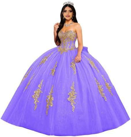 Gold Lace Applique Adult Dress Fluffy Strapless Tube Top Tulle Ball Dress Glitter Princess Dress Dress