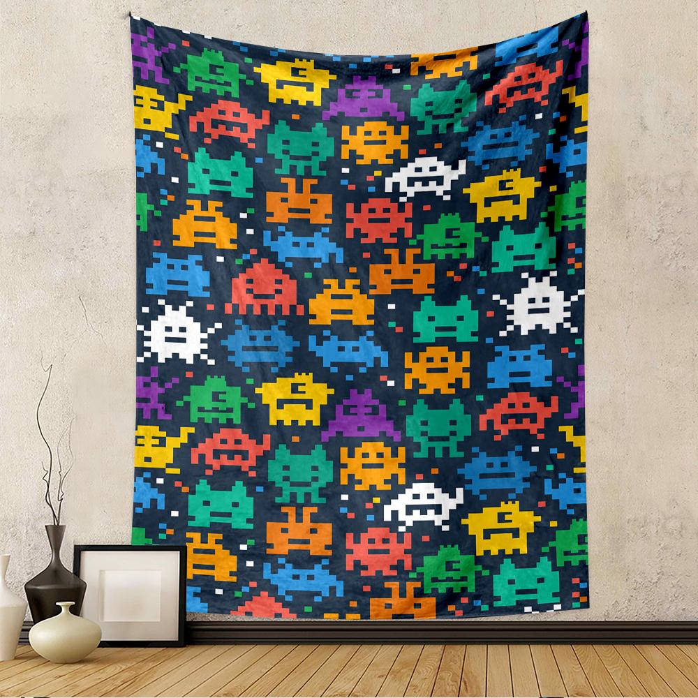 "Pixel Space Invaders Colorful Alien Pattern Patterned - Patterned tapestry for bedroom and living room home decor."