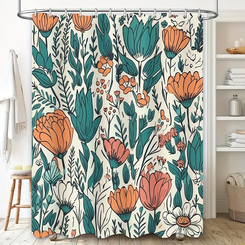 Floral Print Shower Curtain Waterproof Bathroom Decor Fabric Shower Caves With Hooks, Green Orange 3D Pattern (72X84 Inches)