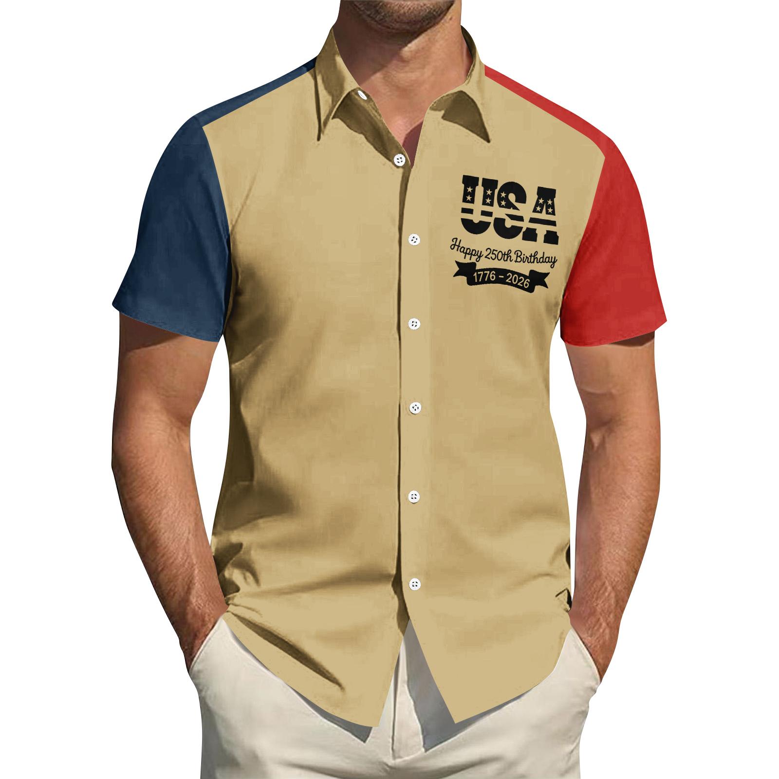 

Men s Short Sleeve Button Down Shirt USA 250th Birthday 1776 2026 Print Casual Collared Top for Everyday Wear L хаки