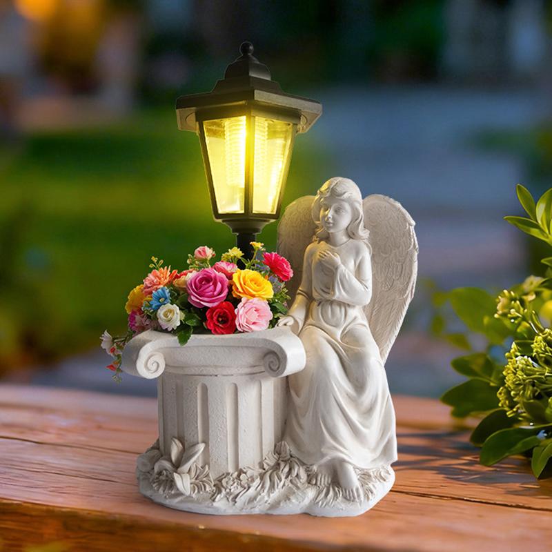 Resin Angel & Fairy Solar Garden Statue, Illuminated Flower Pot Ornament for Outdoor Yard Decor