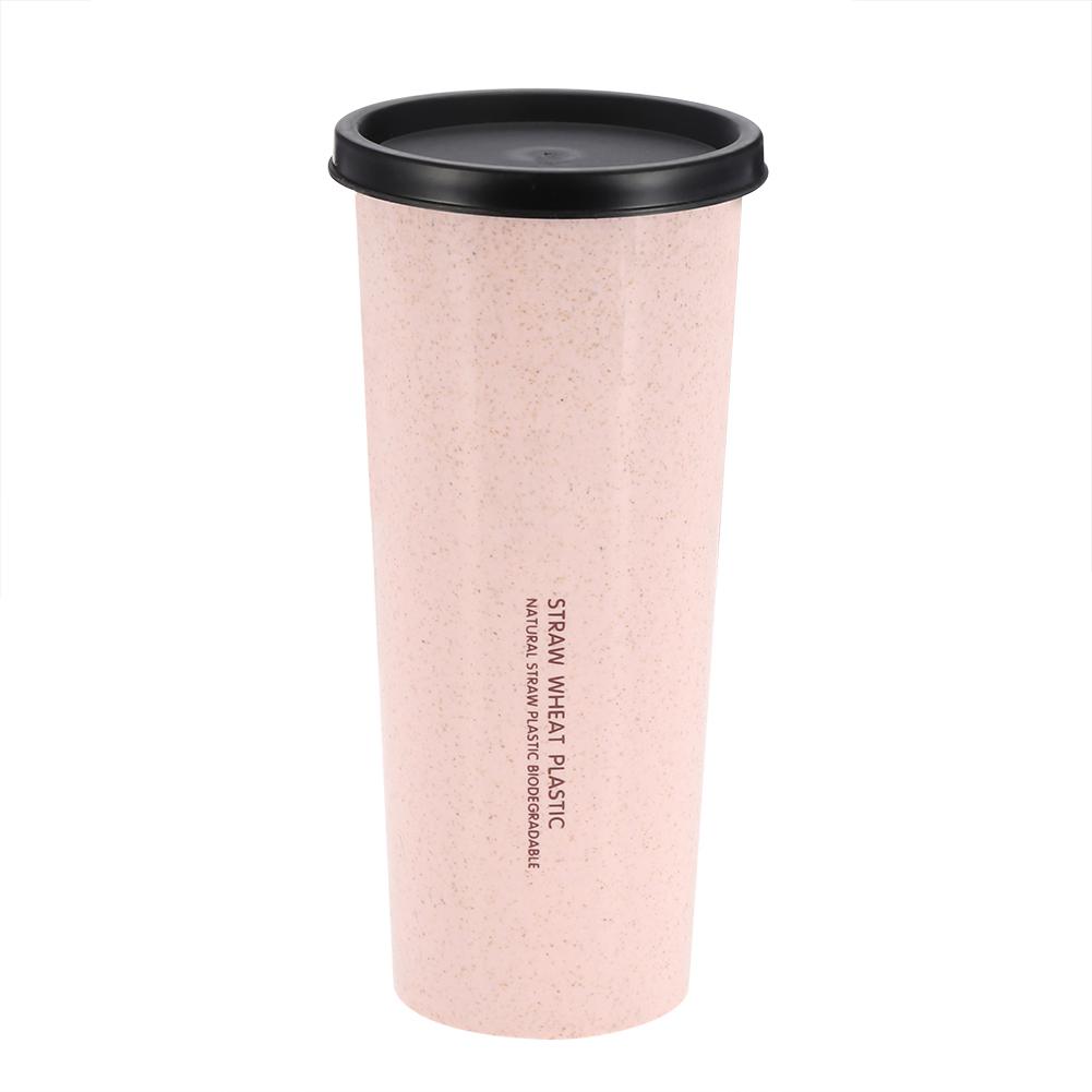 470 ml Wheat Straw Water Cup with Straw Multi Functional Double Lid   Coffee Mug Pink