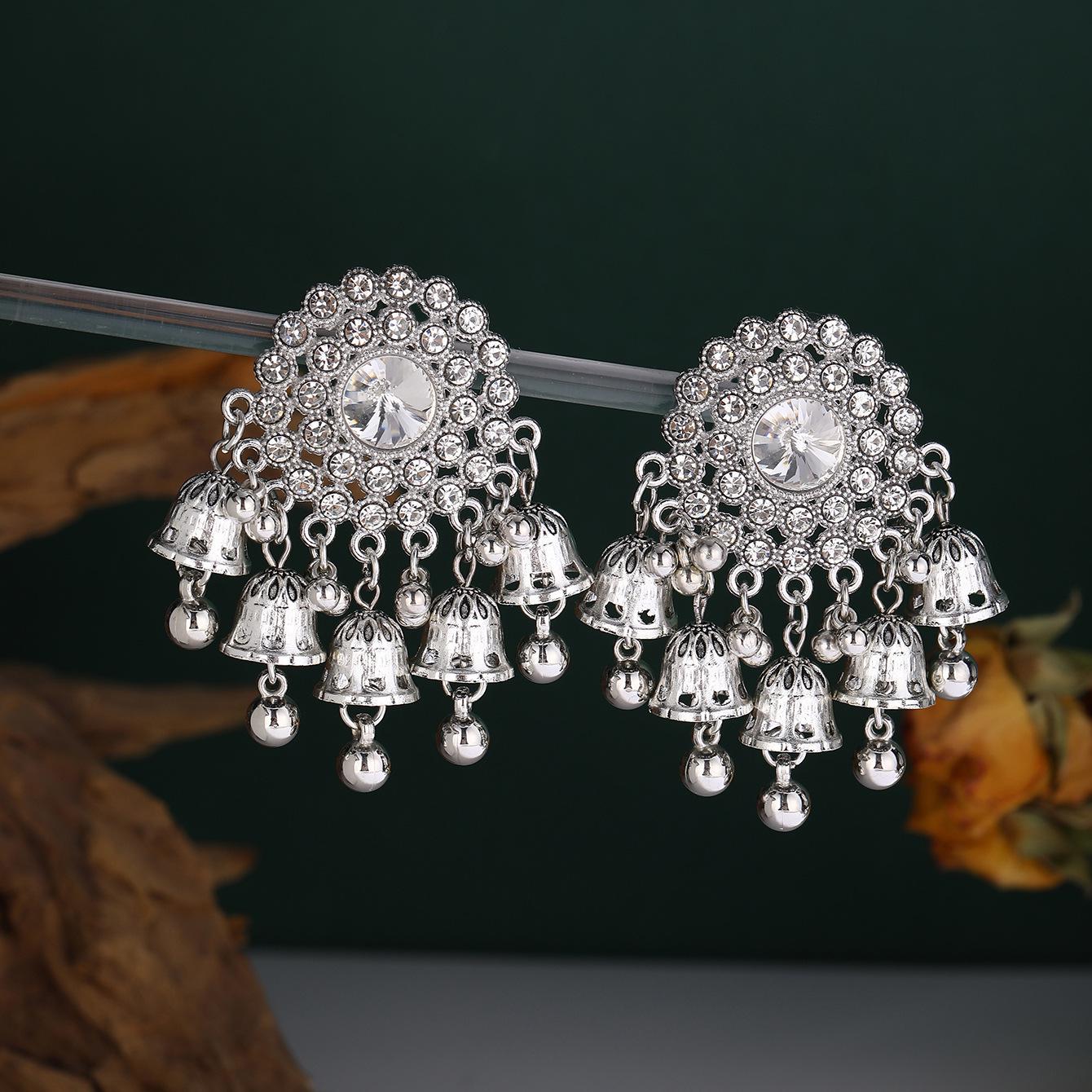 Bohemian Rhinestone Tassel Wind Chime Earrings - Exotic Ethnic Round Geometric Accessories for Women.