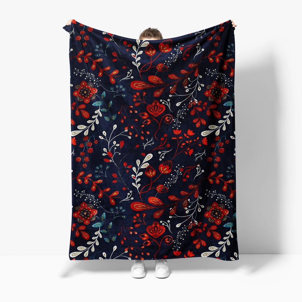 Dark Floral Print Fleece Blanket Soft Warm Throw Blanket for Sofa Bed Decorative Gift 75x90cm