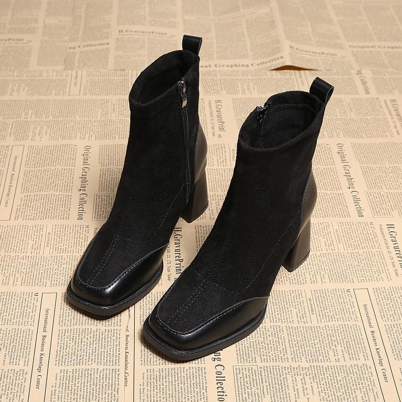 Fashion 2024 Winter New Square Head Panel Frosted Leather Fashionable Side Zipper Outwear Women's Large Comfortable Bare Boots
