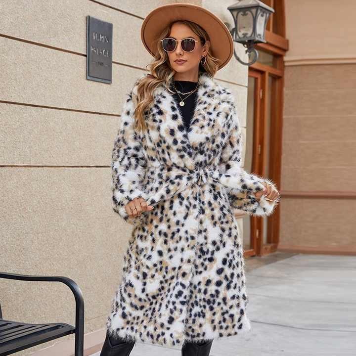 Leopard Print Faux Fur Coat Fox Fur Extended Coat 3XL