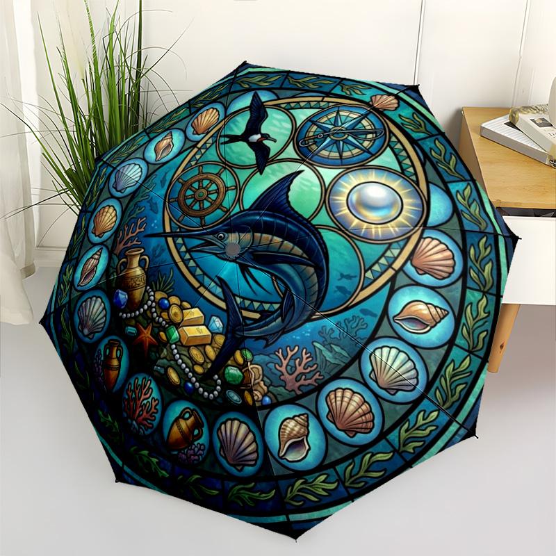 Marine Life Treasure Pattern Umbrella, Portable and Foldable Design, 8 Ribs, a Casual Accessory for Halloween, Christmas, and Birthday Gifts.