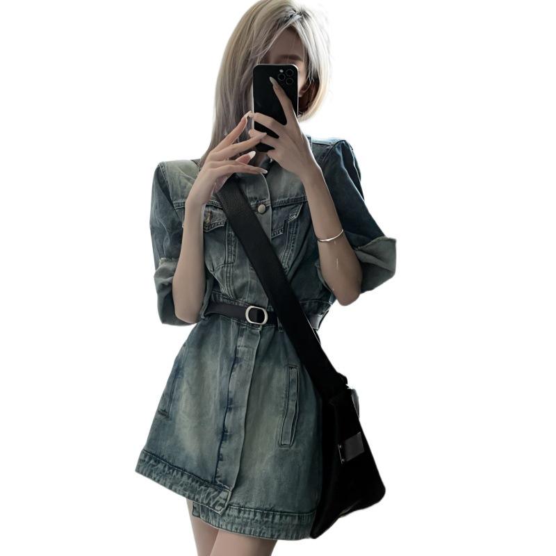 2023 European Design Slimming Denim Shirt Dress with Short Sleeves and a Turn-Down Collar