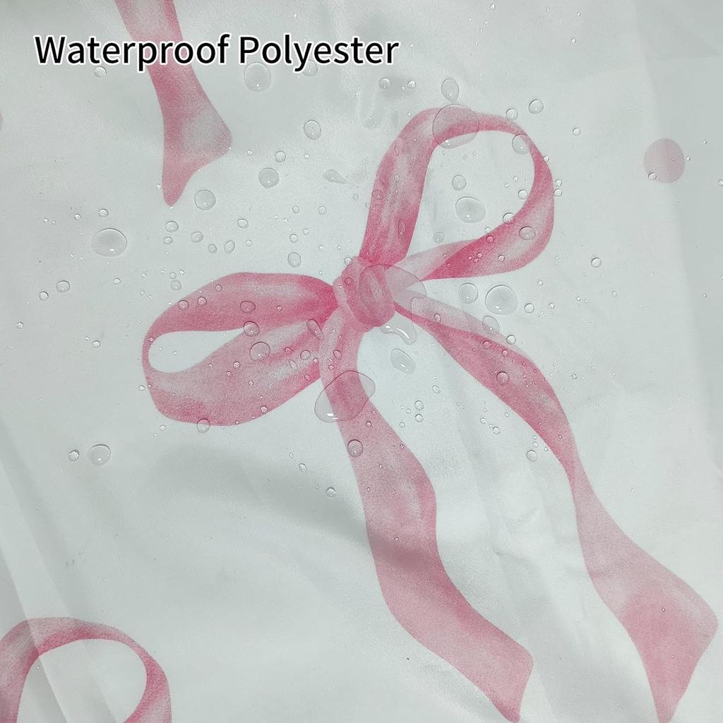 No Hook Pink Bow Shower Curtain and Liner Set Cute Shower Curtain with Snap in Liner Fabric Bathroom Curtain with Liner Set Double Layers Waterproof