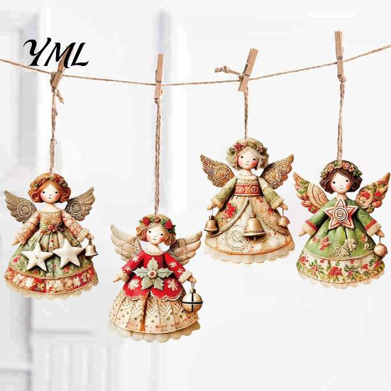 Interior Door Frame Decorations 6Pcs Vintage Angel Wooden Ornaments, Christmas Hanging Decor Set Home Wall Accents with Jute String, Rustic