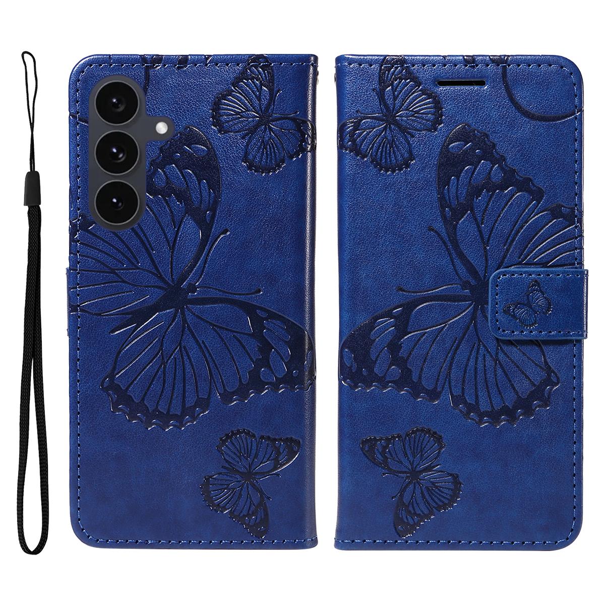 

For Samsung Galaxy S25 FE Wallet Case Floral Butterfly Imprinted Leather Phone Cover Stand Blue
