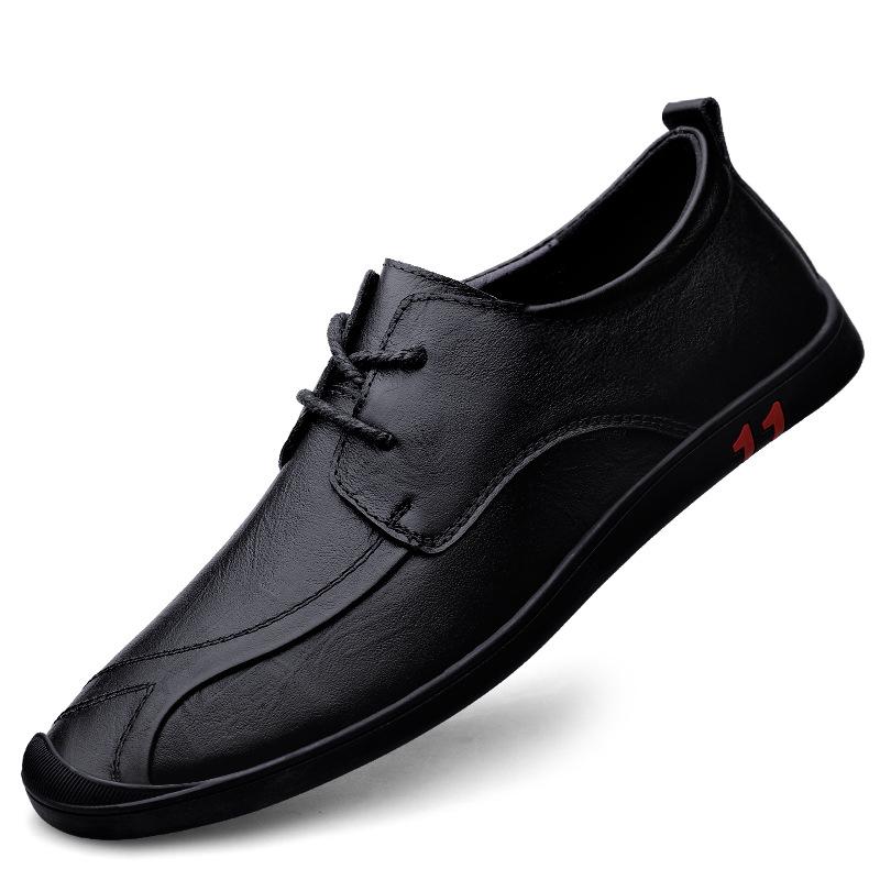 Men's round head first-layer cowhide business shoes front lace-up breathable flat-heeled single shoes men's cowhide splicing casual leather shoes
