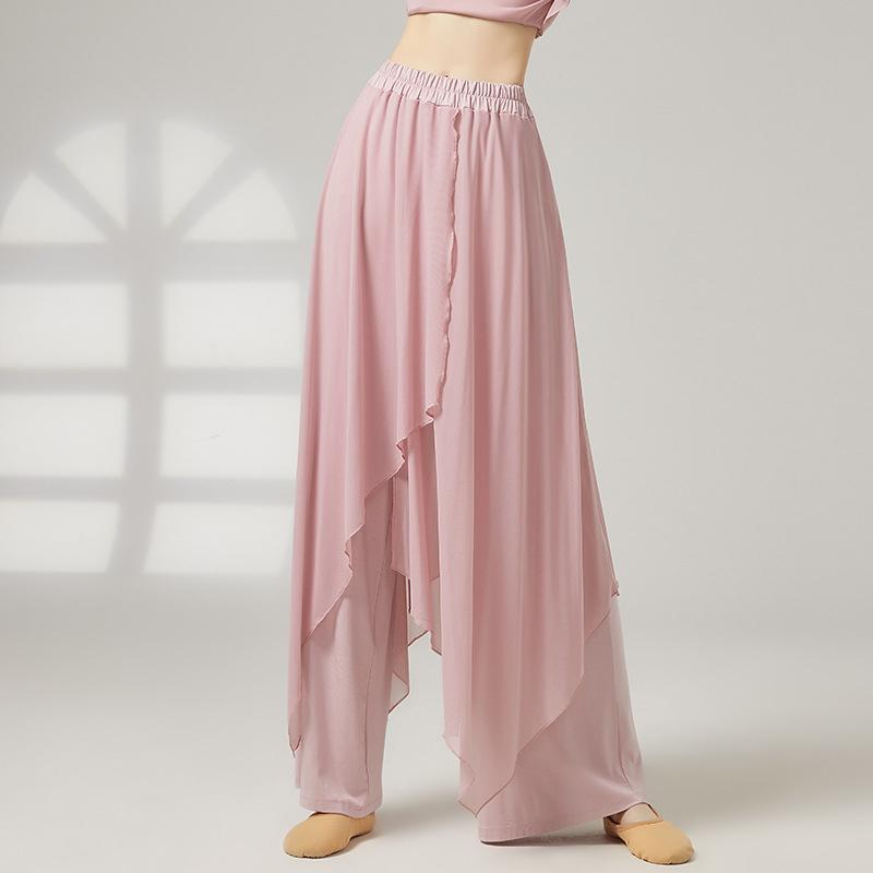 Women Double Layer Dance Pants Wide Leg Mesh Outer Flowy Classical Dance Soft Breathable Loose Trousers National Modern Dancing S розовый