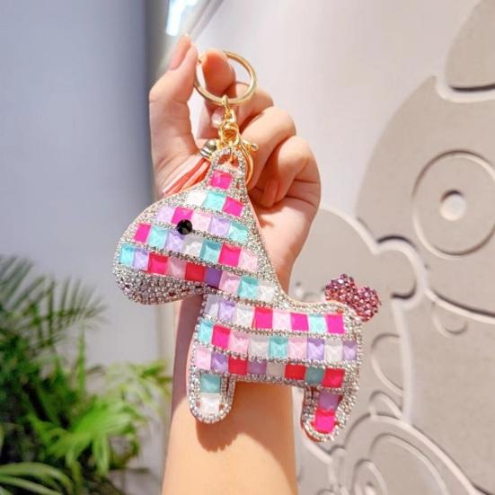 Bag Pendant Sparkling Rhinestones Plaid Pattern Keychain with Tassels Backpacks Handbags Cars Accessories