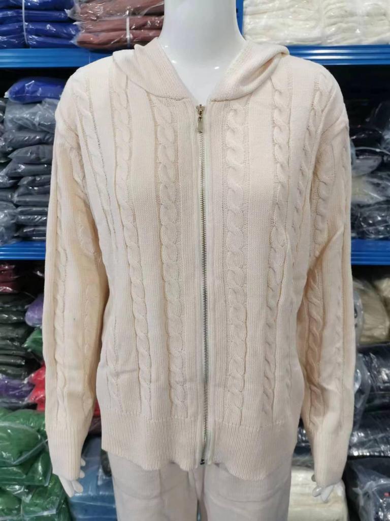 Autumn/Winter Cable Knit Hooded Zip-Up Top and Home Set for Women