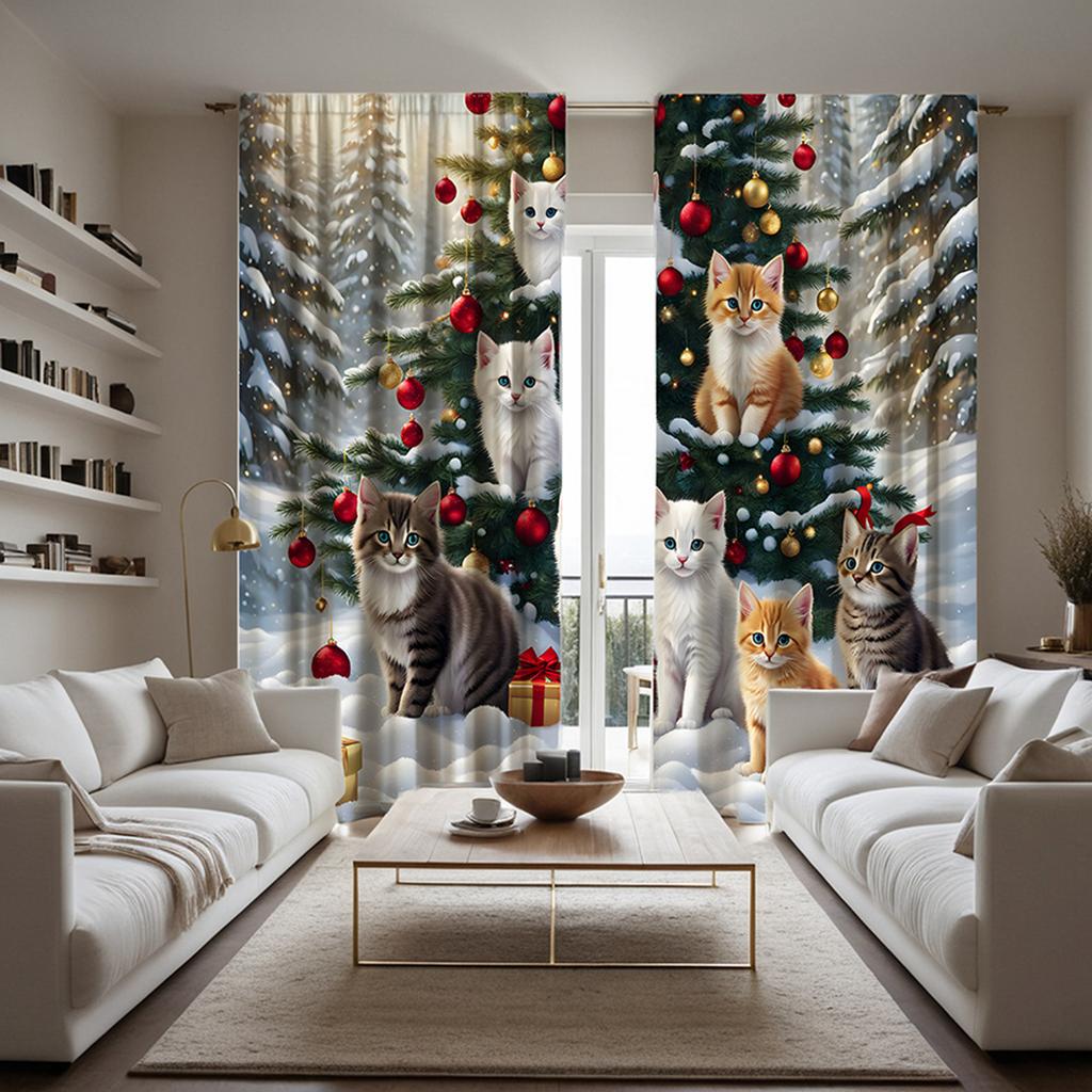 2 kusy HD vánočního stromku na kočce sněhová dekorativní záclona Žlutá vázanka digitálně tištěná záclona styl bytové dekorace decora