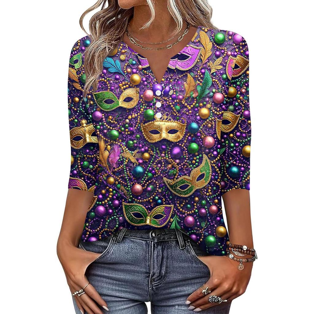 Women's T Shirt Print Button 3/4 Sleeve Daily Weekend Fashion Basic V- Neck Regular Top