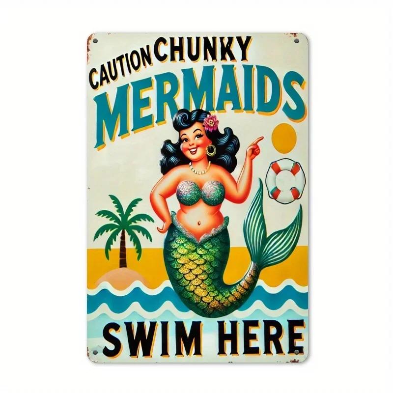 

2D Vintage Caution Chunky Mermaids Colorful Beach Scene with Palm Tree Sun and Swim Here Sign 20x30cm