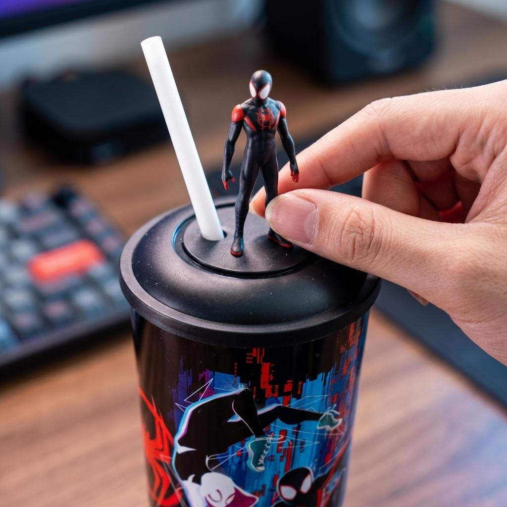 Plastic Tumbler Cup with Lid and Straw Featuring Spider-Man Design with Removable Figure on Top for Cold Beverages Reusable Drinkware