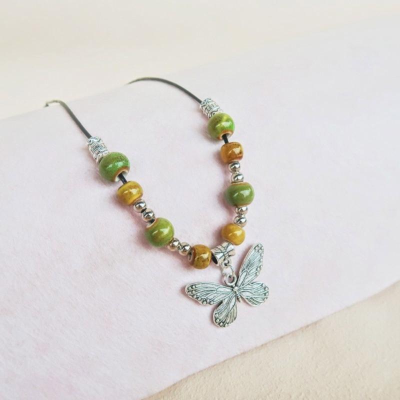 Color Beads Pendant Necklace Sweet Butterflies Clavicle Chain Female Summer Adjustable Rope Necklace Sweater Chain