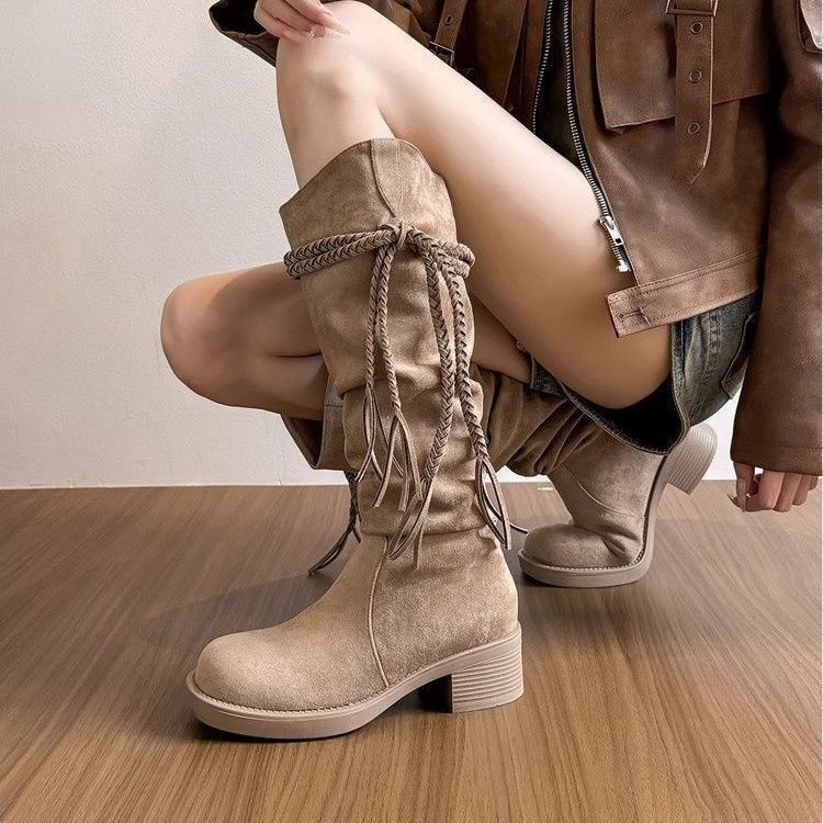 Fashion Thick Heel Women's Long Boots Spring and Autumn 2025 New Retro Tassel High Tube But Knee Pile Boots Women