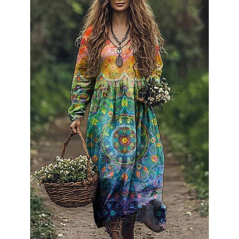

DAFIFY Женская мода Весна Осень Цветочный принт Длинный рукав V-образный вырез Свободная талия Повседневные платья XL