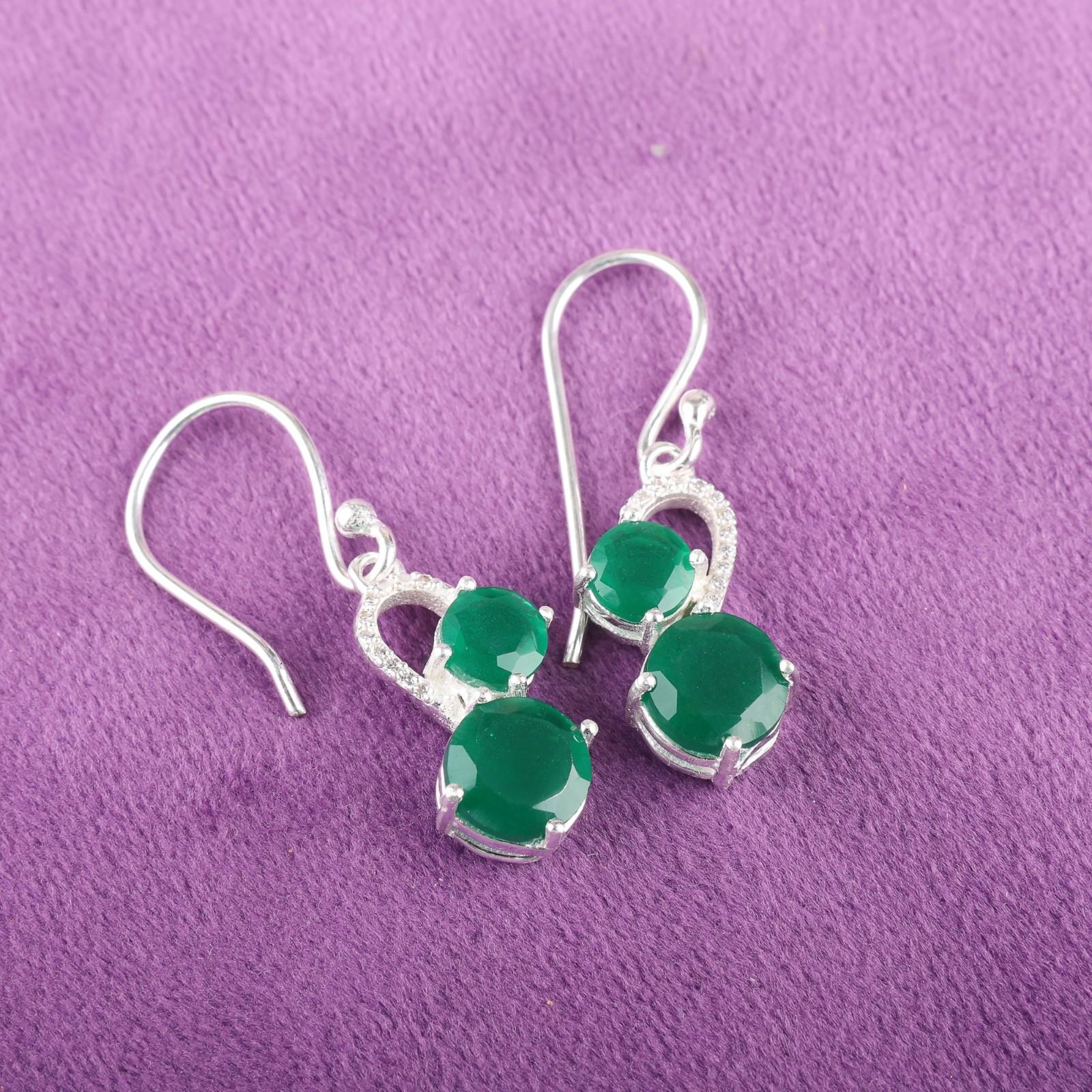 

Зеленый Оникс Драгоценный Камень 925 Стерлинговое Серебро Свадебные Украшения Циркониевые Серьги 1,38 CZE-3-8