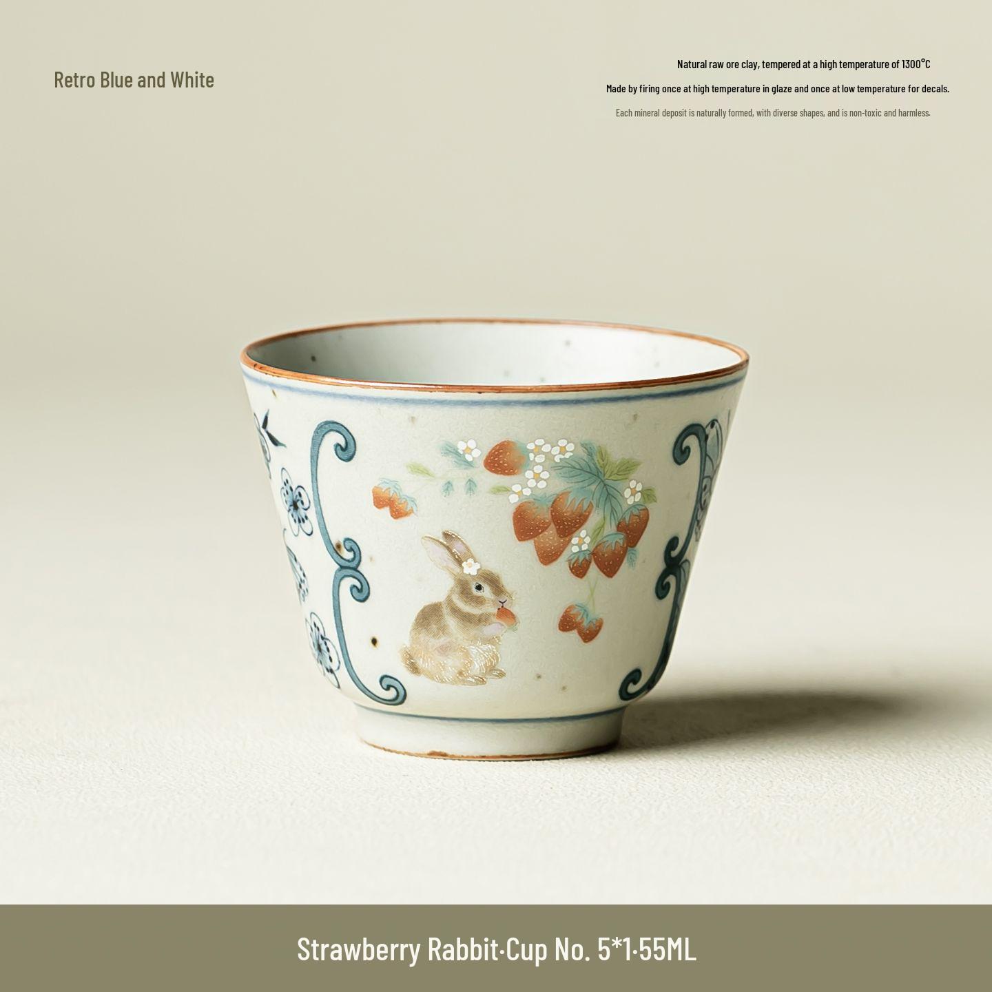 Blue & White Rabbit Strawberry Ceramic Teacup - Retro Japanese Tea Tasting Master Cup