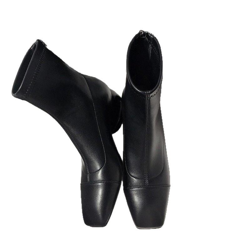 Brown Short Boots Women's High Heels 2025 Autumn and Winter New Thick Heel French Temperament Bare Boots Square Head Elastic Thin Boots