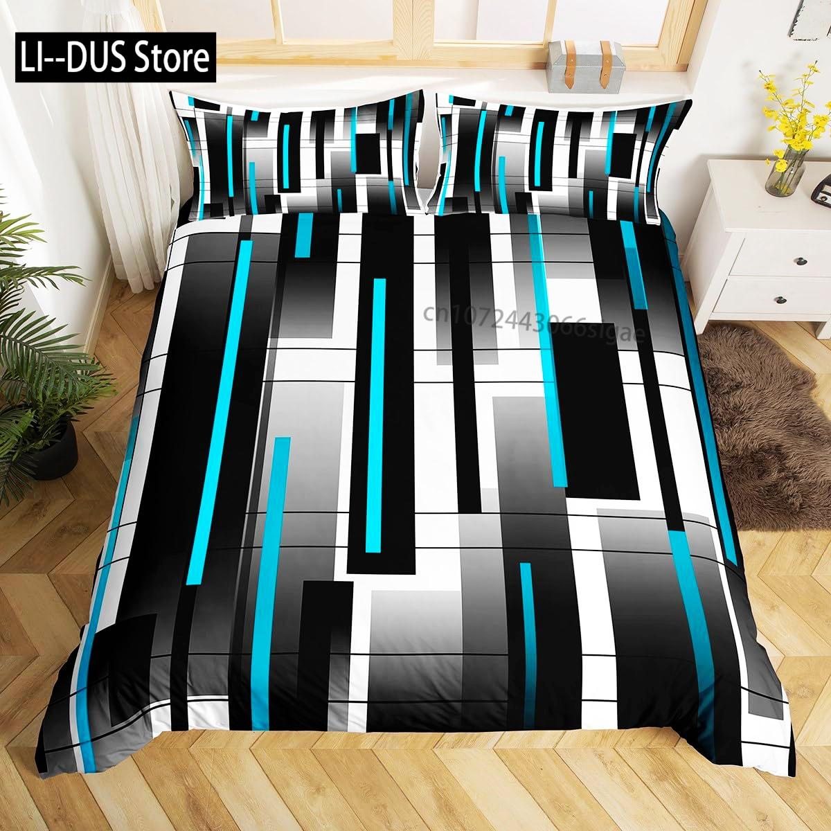 

Comforter Square Lines Bedding Set Black Line For Kids Teen Boys Girlsmodern Abstract Comforter Decorative Room 3Pcs Comforter (quilt)-EU Single(135*200cm)3pcs