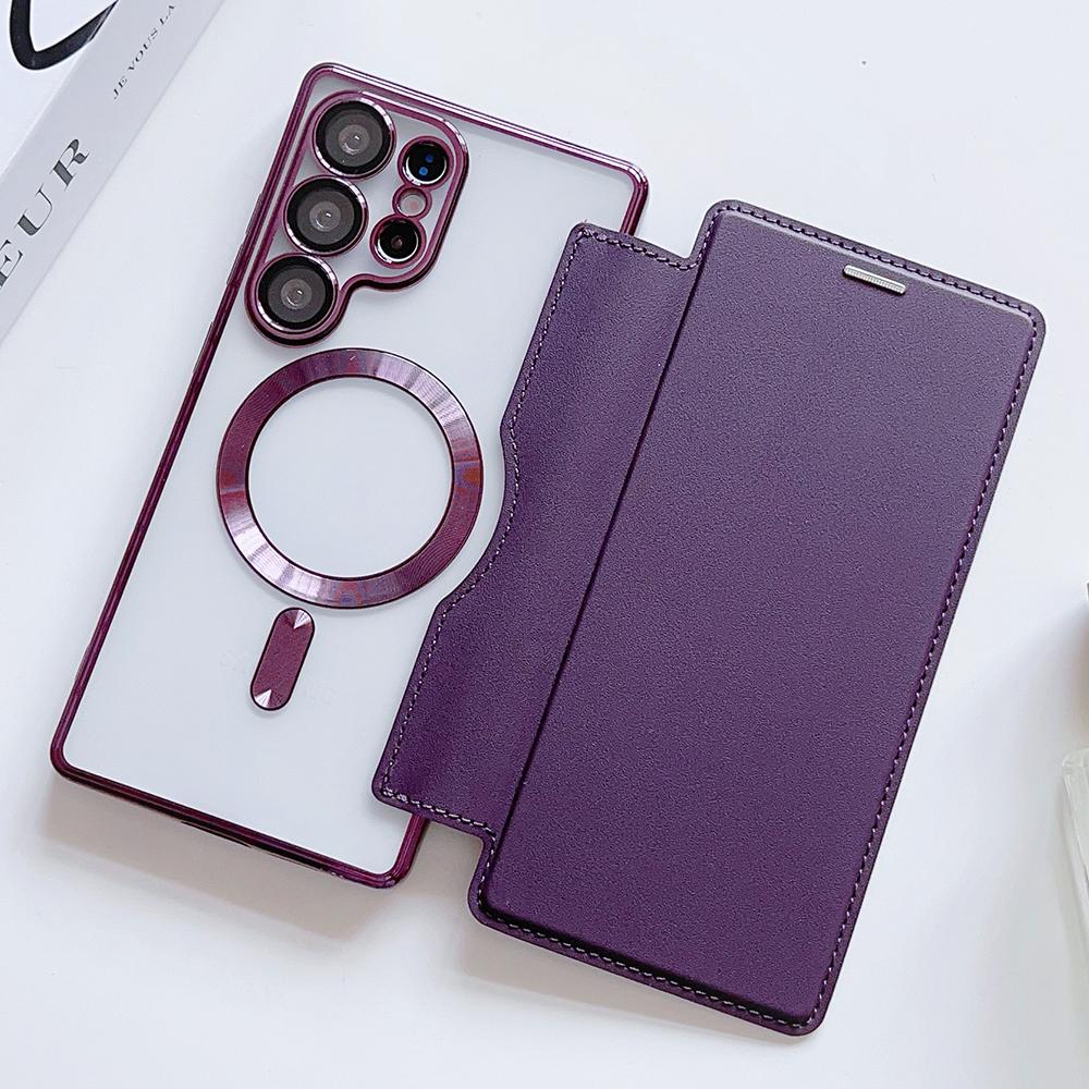 Flip Cover Plating Clear Magnetic Fold Wallte Case For Samsung S25 Ultra S24 FE S23 S22 Plus Slot Card Bag Holder Soft Cover