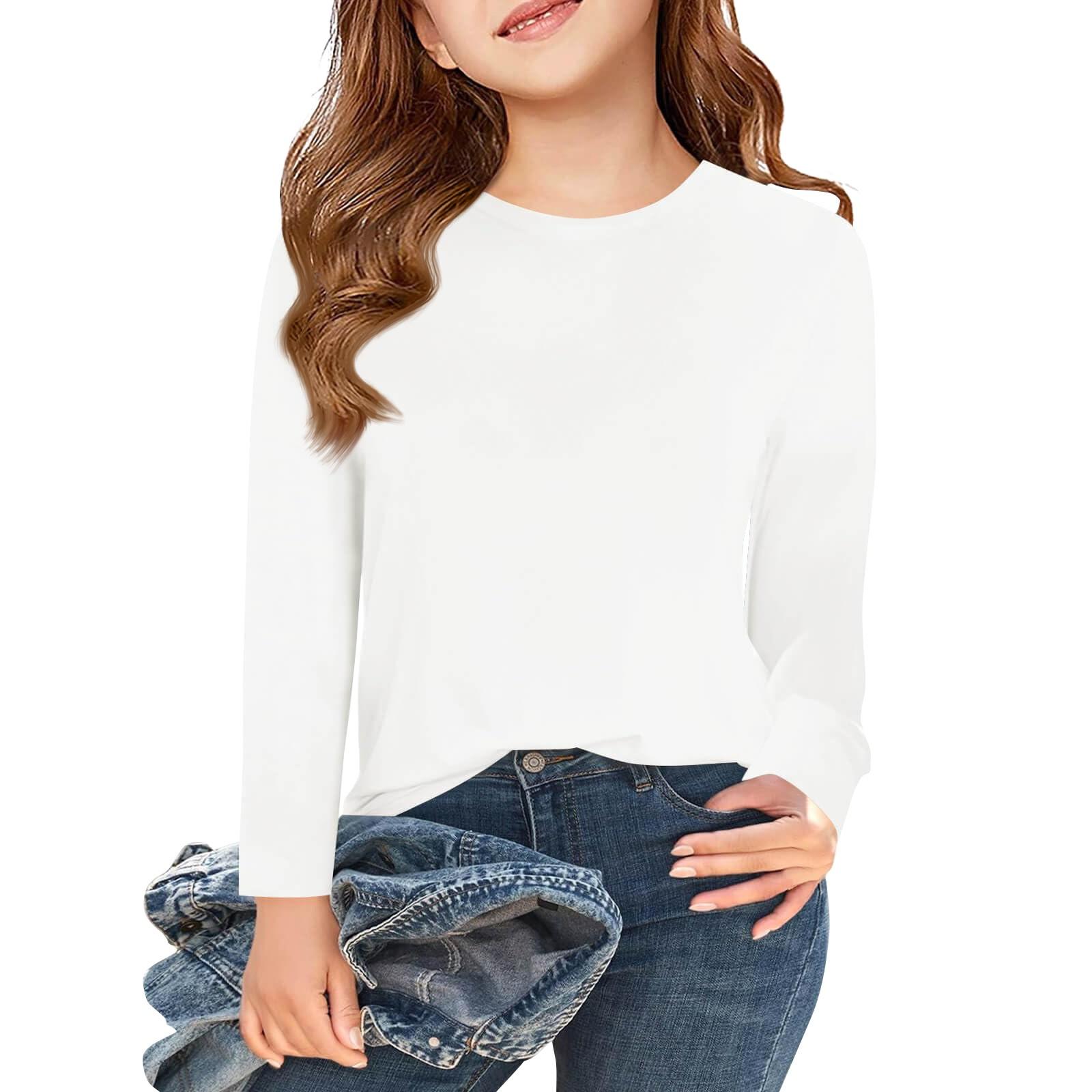 

Футболки з довгим рукавом для дівчат, дитячі осінні топи з круглим вирізом, базові футболки 5-14 років 120 білий