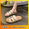 Flower Fairy Wind Beach Shoes Female Summer Wear 2025 New Super Fire Soft Sole One-word Drag Rhinestone Flat Slippers