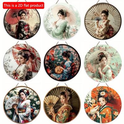 1pc 2d Flat Elegant Japanese Kimono Women's Logo, Circular Wooden Sign - 20cm, Suitable for Home Living Room, Office, Bar Scene Decoration, Gifts
