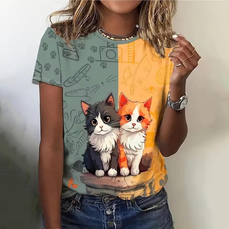 Women's T-shirt 3D Cartoon Animal Print Casual Round Neck Short Sleeved Summer Loose Top Y2k T-shirt
