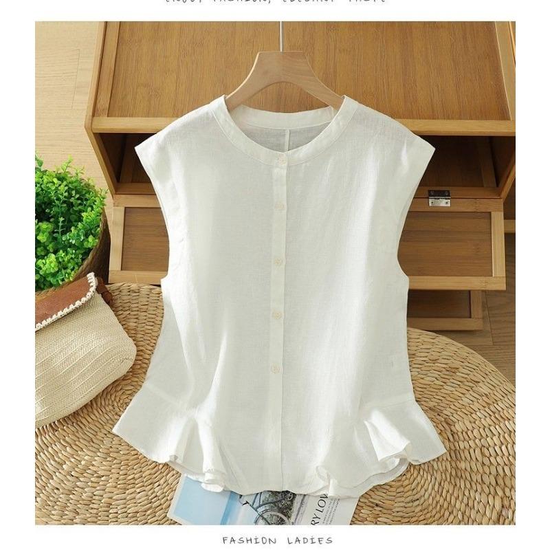 Ruffled Hem Cotton and Linen Sleeveless Shirt for Women Summer Design Thin Waistcoat Vest Flying Sleeve Cardigan Top