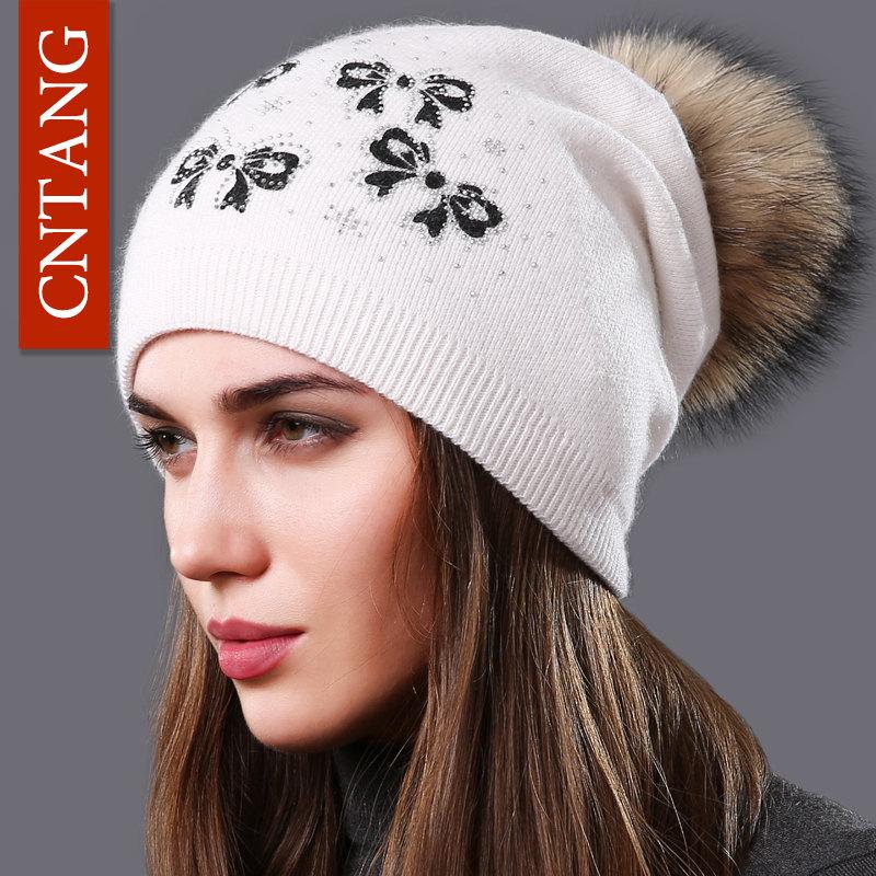 Multiple Styles Women Hat Fashion Pompom Raccoon Fur Cap Winter Knitted Wool Warm Hat Women Butterfly Casual Beanies