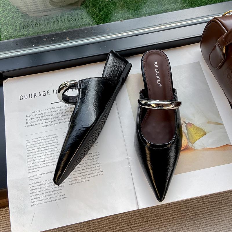 2025 spring temperament pointed metal one-word bag head half slippers pointed shoes